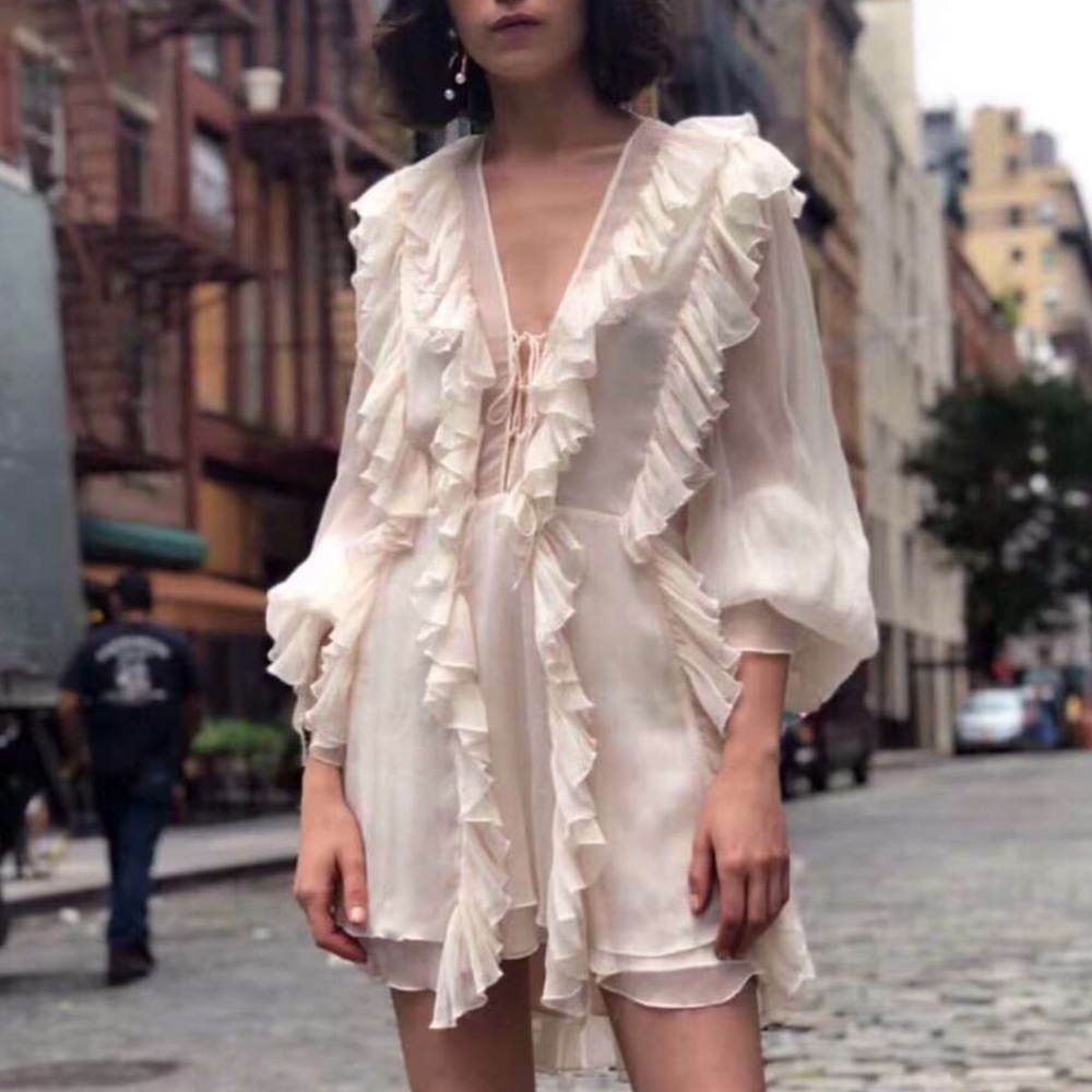 Dress lace up ruffle chic summer spring cream womens lace up - Picture 8 of 15
